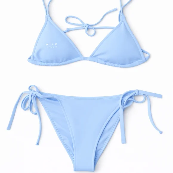 🆕️NWT WILO Baby Blue Bikini Set Medium Tie Side Triangle Top Resort Swim
